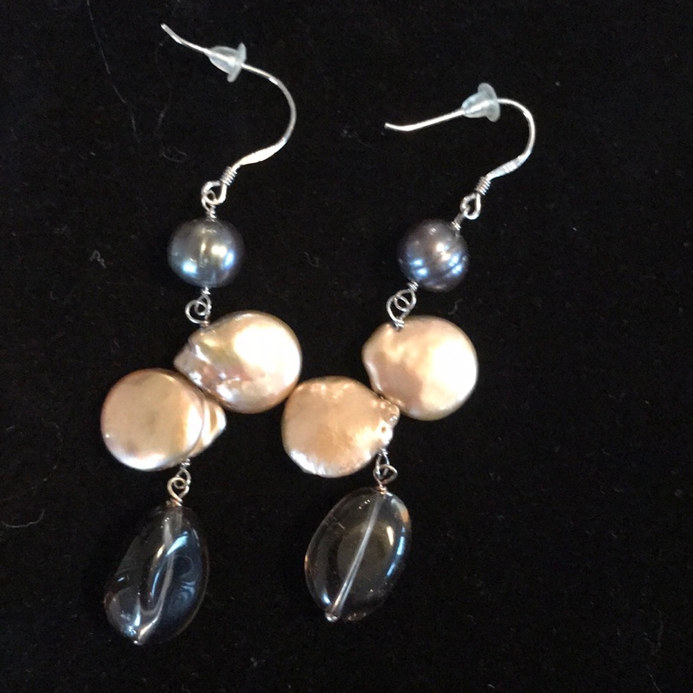Genuine Pearl, Smokey Quartz and 925 Earrings